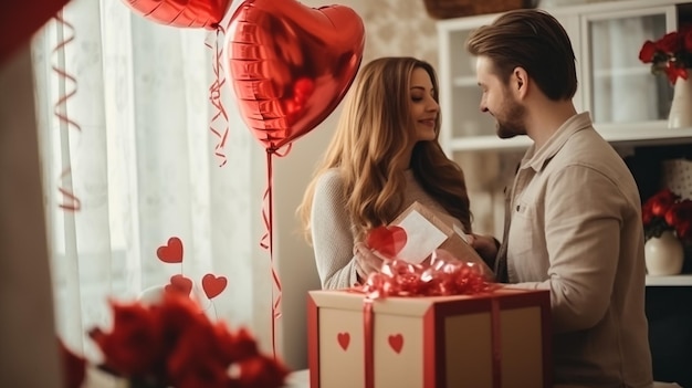 man and woman with present in gift box with red heart shaped balloons at home