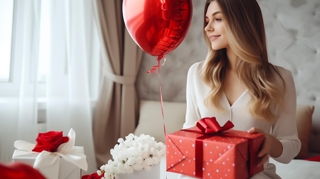 man and woman with present in gift box with red heart shaped balloons at home