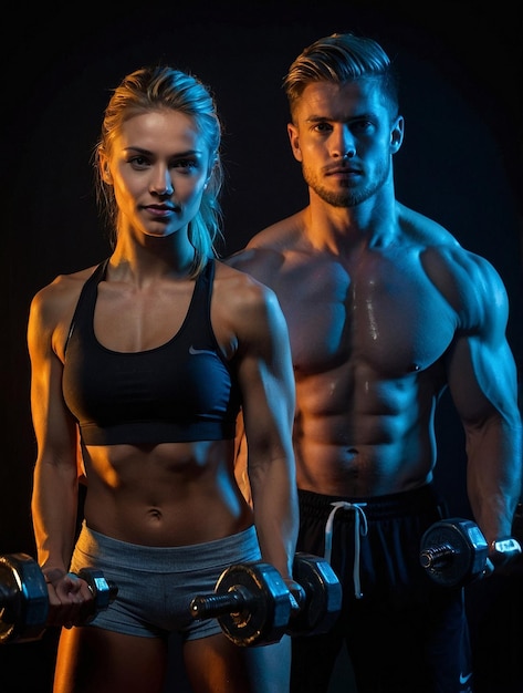 a man and a woman with the words quot muscular quot on the back of a barbell