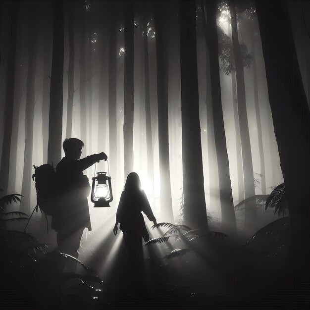 Photo a man and a woman in the woods with a lantern and a lantern