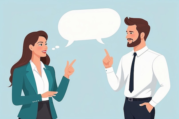 Man and woman work talk Businesswoman and male person having conversation about work and business with speech bubbles Flat design vector illustration with white background