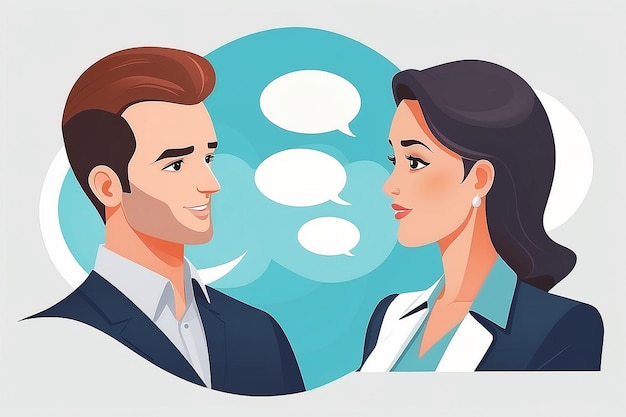 Man and woman work talk Businesswoman and male person having conversation about work and business with speech bubbles Flat design vector illustration with white background