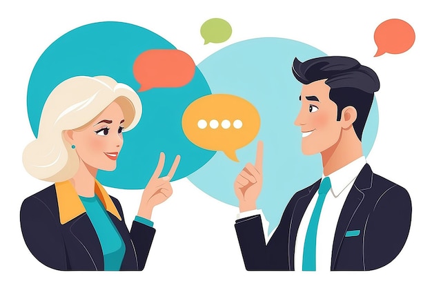 Man and woman work talk Businesswoman and male person having conversation about work and business with speech bubbles Flat design vector illustration with white background