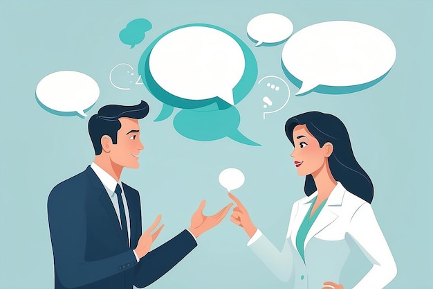 Photo man and woman work talk businesswoman and male person having conversation about work and business with speech bubbles flat design vector illustration with white background