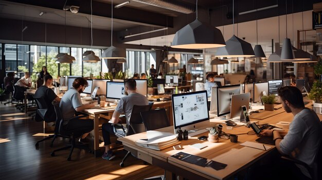 Photo a man and woman working at a computer in a large office