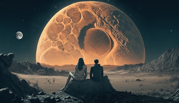 Man and women couple sit on the moon ai generated art