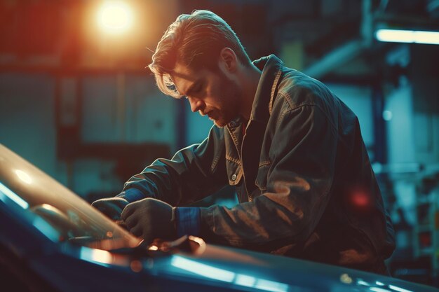 Photo a man in work clothes repairs a car at a service station under bright lighting with various tools surrounding him