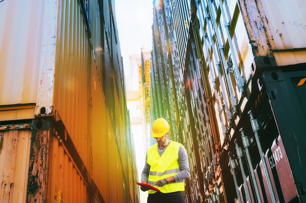 Man at work among containers in a commercial port