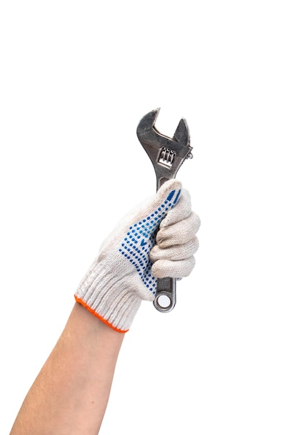 Man in work gloves holds wrench Happy labor day Hand repair tool isolated on white background