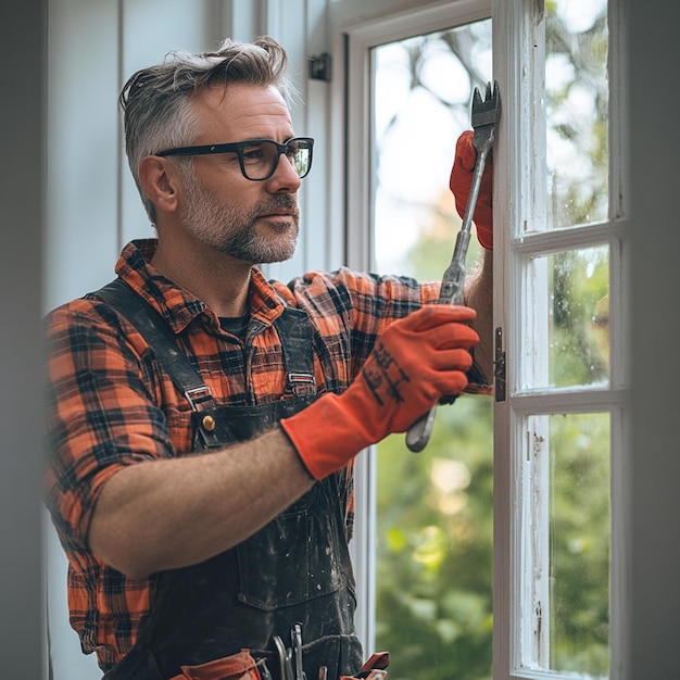 Photo man in work is holding tools and repairing the window frame of his home