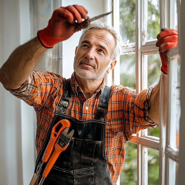 Photo man in work is holding tools and repairing the window frame of his home