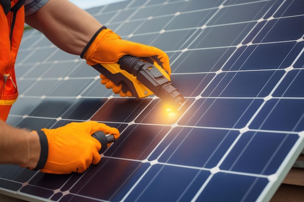 Man worker installing solar photovoltaic panels on roof