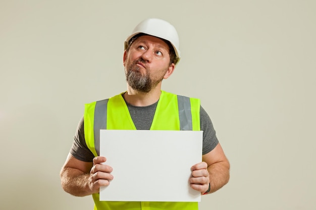 Man worker in a vest and a white construction helmet hat with a white sheet in his hands on a white