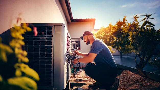 Man working on air conditioner outside of house with trees in the background