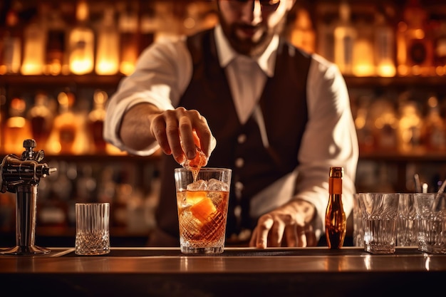 Man working in a bar preparing several colorful cocktails Concept of soft drinks and hospitality