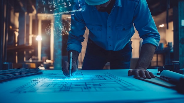 a man working on a blueprint with a blue background and a blue light