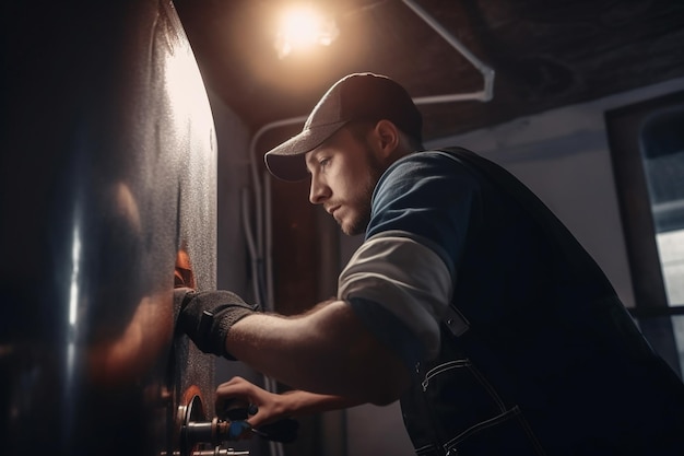 A man working on a boiler with a light on.