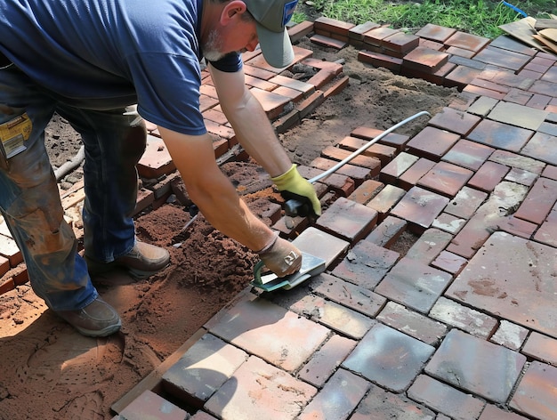 Photo a man working on a brick patio with a yellow rubber glove