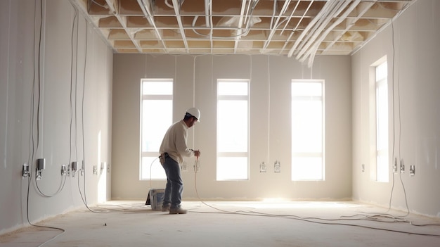 A man working Builder makes a marking on the drywall for electrical wiring Metal dry Generative AI