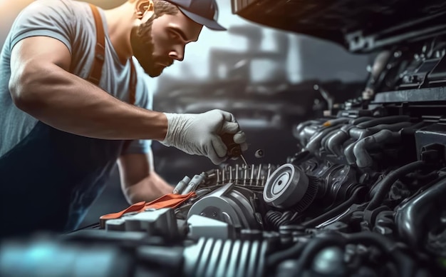 A man working on a car engine with a wrench on it.