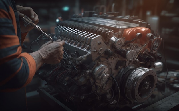 A man working on a car engine with a wrench.