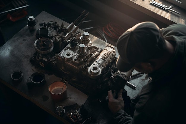 A man working on a car engine in a workshop