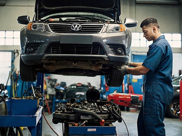 Photo a man working on a car that is under a car