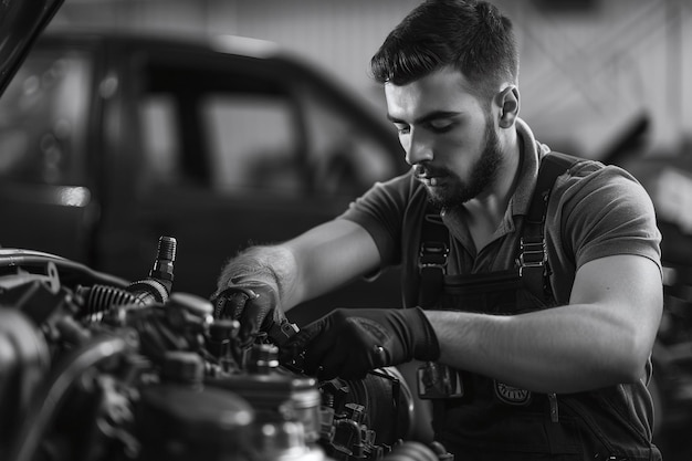 Photo a man working on a car with a bottle of beer