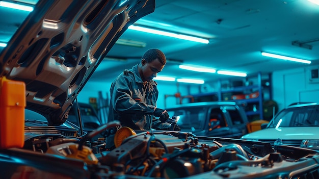 a man working on a car with the engine open