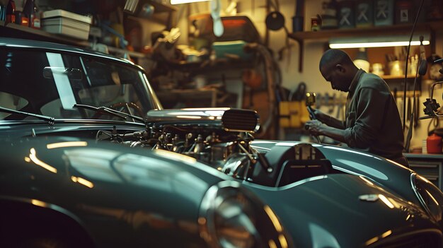 Photo a man working on a car with the hood open