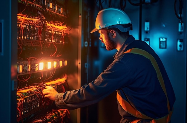 A man working on a circuit board with a hard hat and a white hard hat.