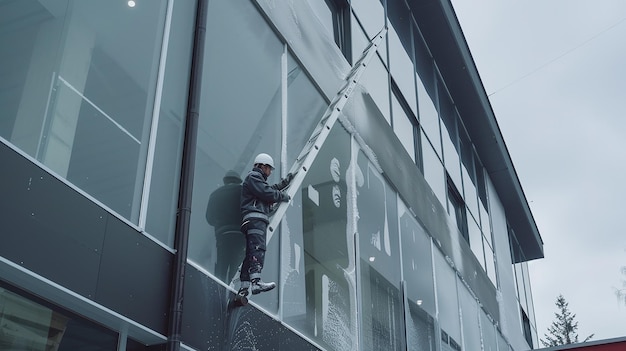 Photo man working cleaning facade areas glass