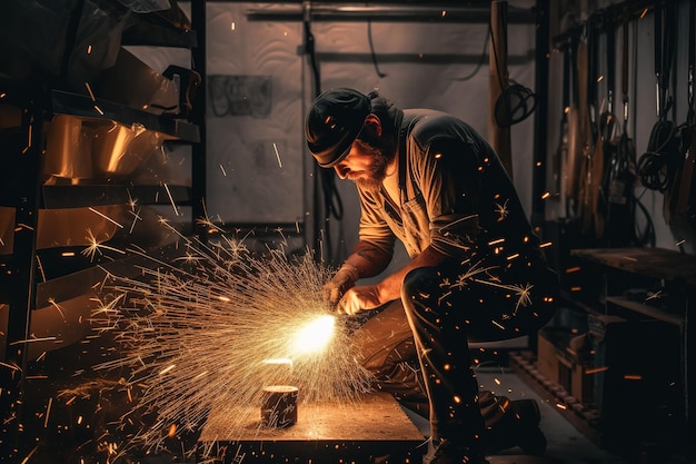 A man working in a company at a welding machine flying sparks and fire Generative ai