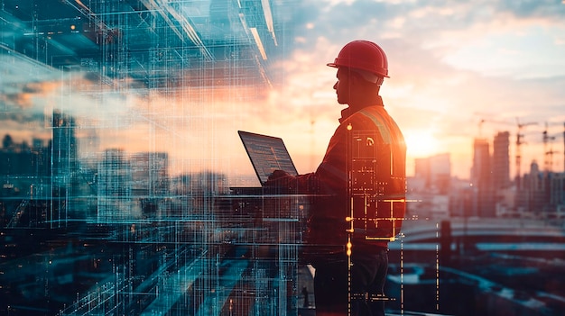 a man working on a computer in front of a sunset background