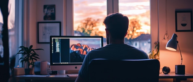 Man working on computer in home office with sunset view