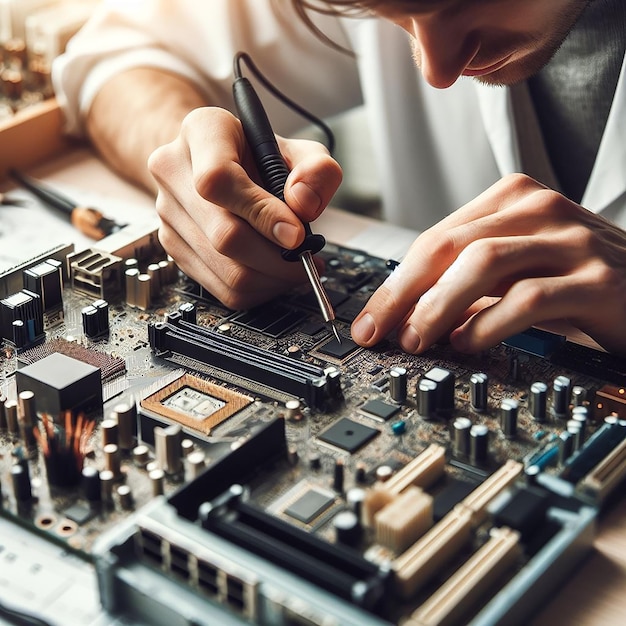 Photo a man working on a computer with a blue and black device