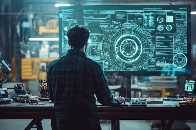 A Man Working on a Computer with a Digital Interface