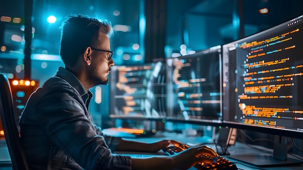 a man working on a computer with a monitor in the background