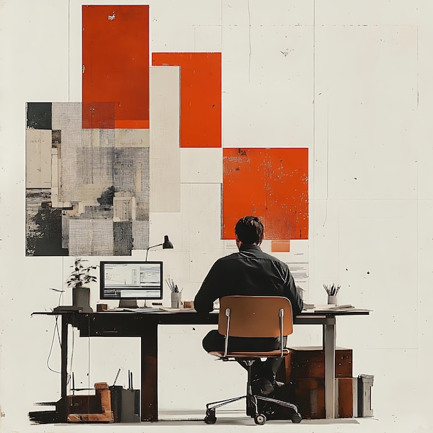 Photo a man working at a desk in a modern office with a geometric abstract background