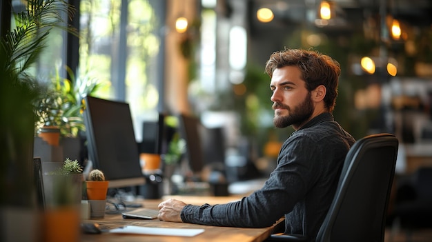 Photo man working at a desk in a modern office with plants