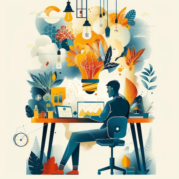 Photo man working at desk with lightbulb and plants