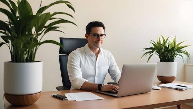 Photo man working on digital einvoice at computer desk home office setting with plants