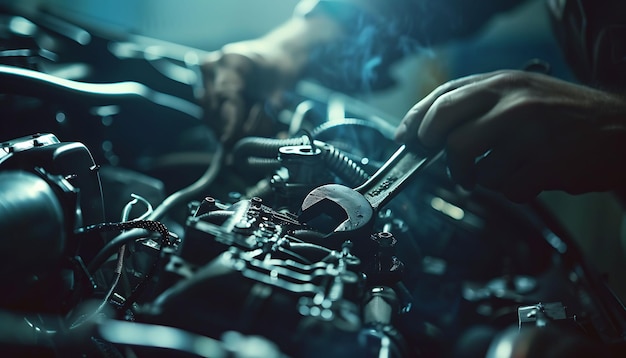 a man working on a engine with the hands working on the engine