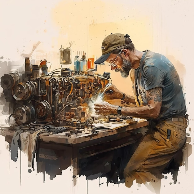 A man working on an engine with a tattoo on his arm.