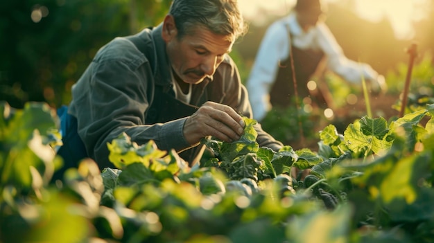 Photo a man working in a field with a plant in the background