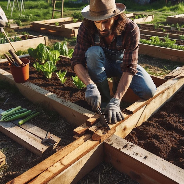 a man working in a garden with a few vegetables