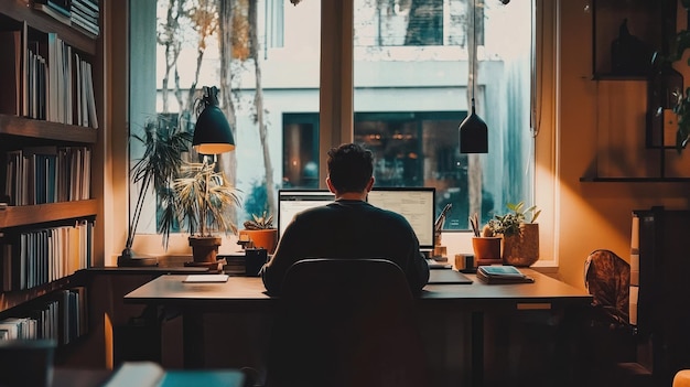 Man working at his computer desk in a home office