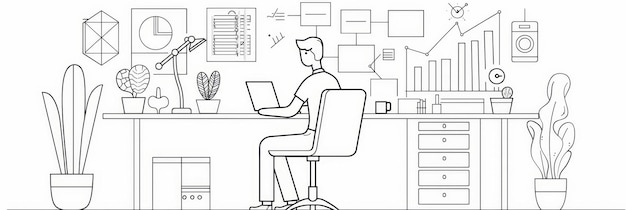 Man working at his desk with a laptop and surrounded by office decor A black and white illustratio