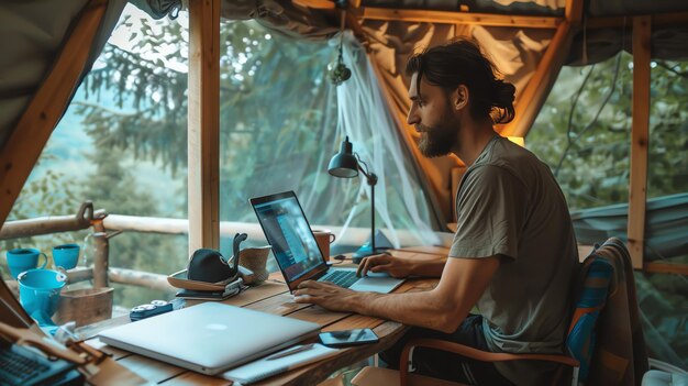 Man working on his laptop in a beautiful treehouse He is surrounded by trees