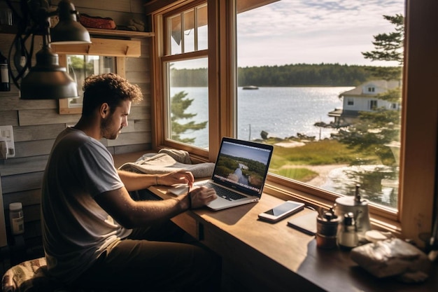 Photo a man working on his laptop in front of a lake.